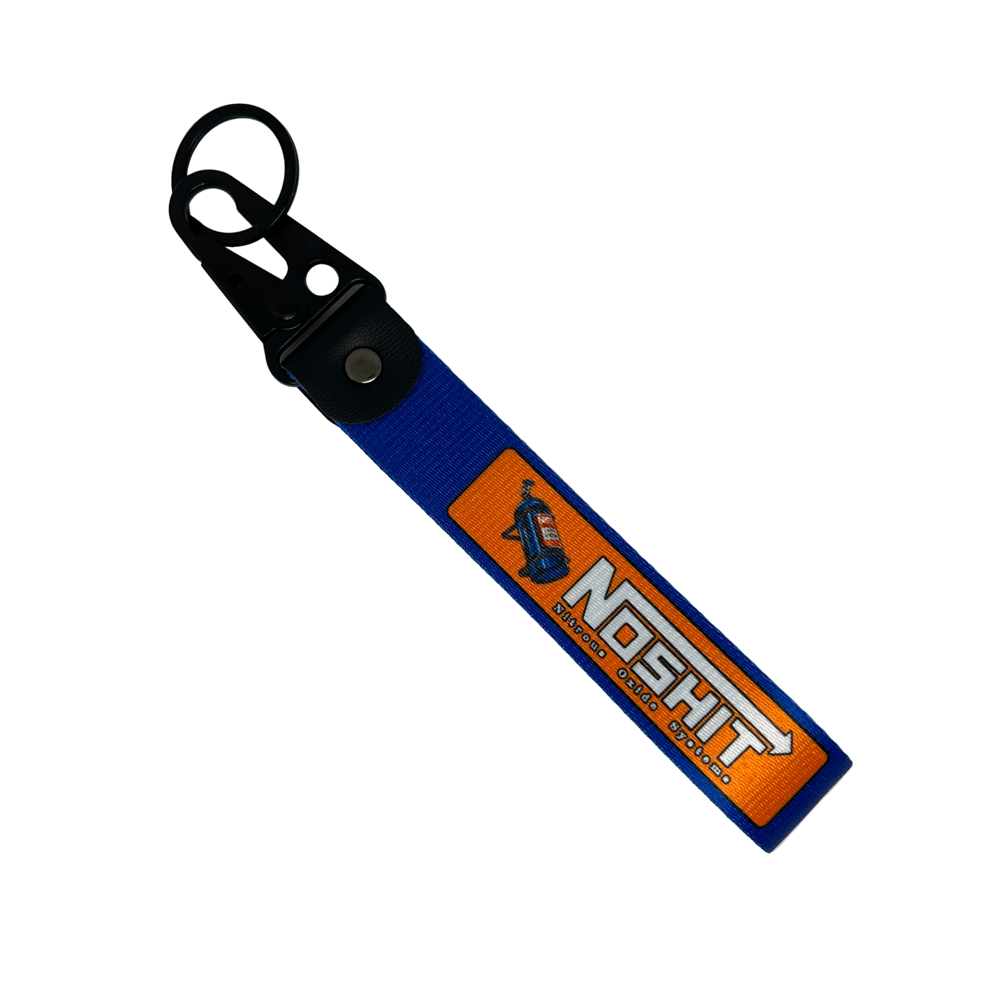 Blue and orange NOSH*T key tag with NOS bottle design – Motorev JDM car keychain accessory