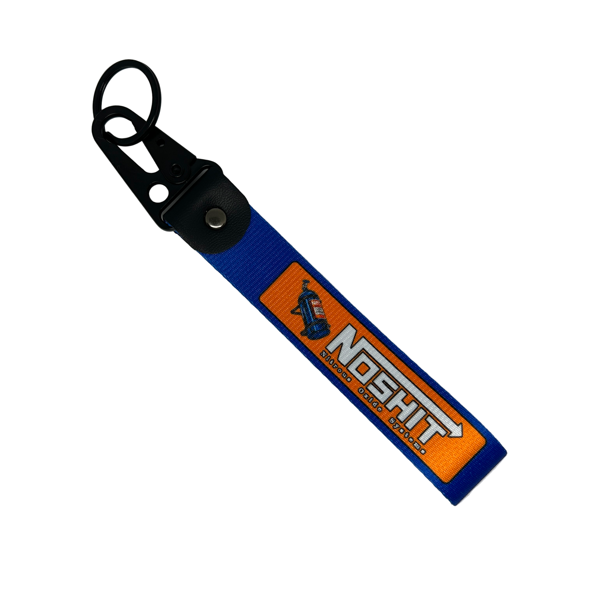 Blue and orange NOSH*T key tag with NOS bottle design – Motorev JDM car keychain accessory