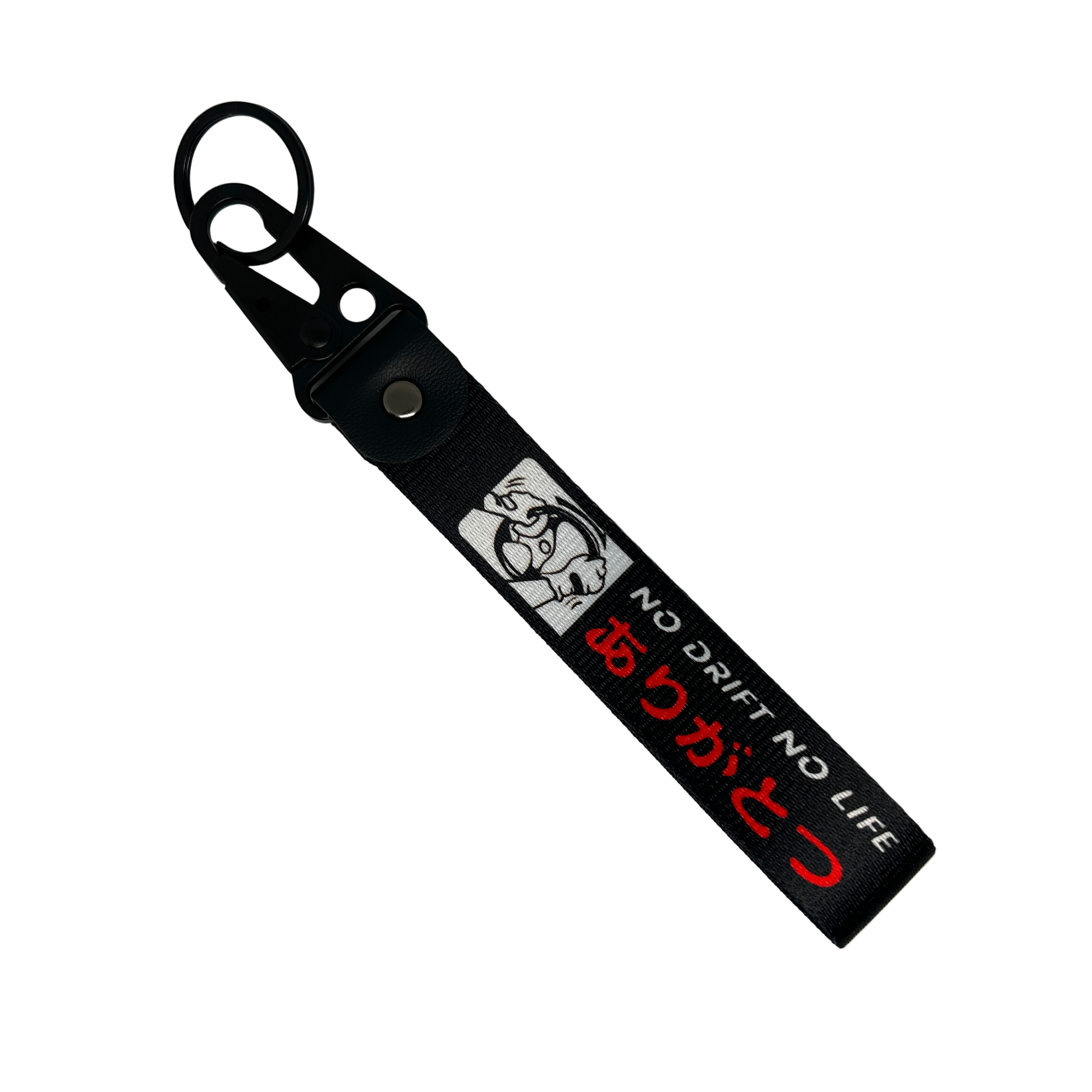 Black No Drift No Life key tag with English and Japanese text and drift graphic – Motorev JDM car keychain