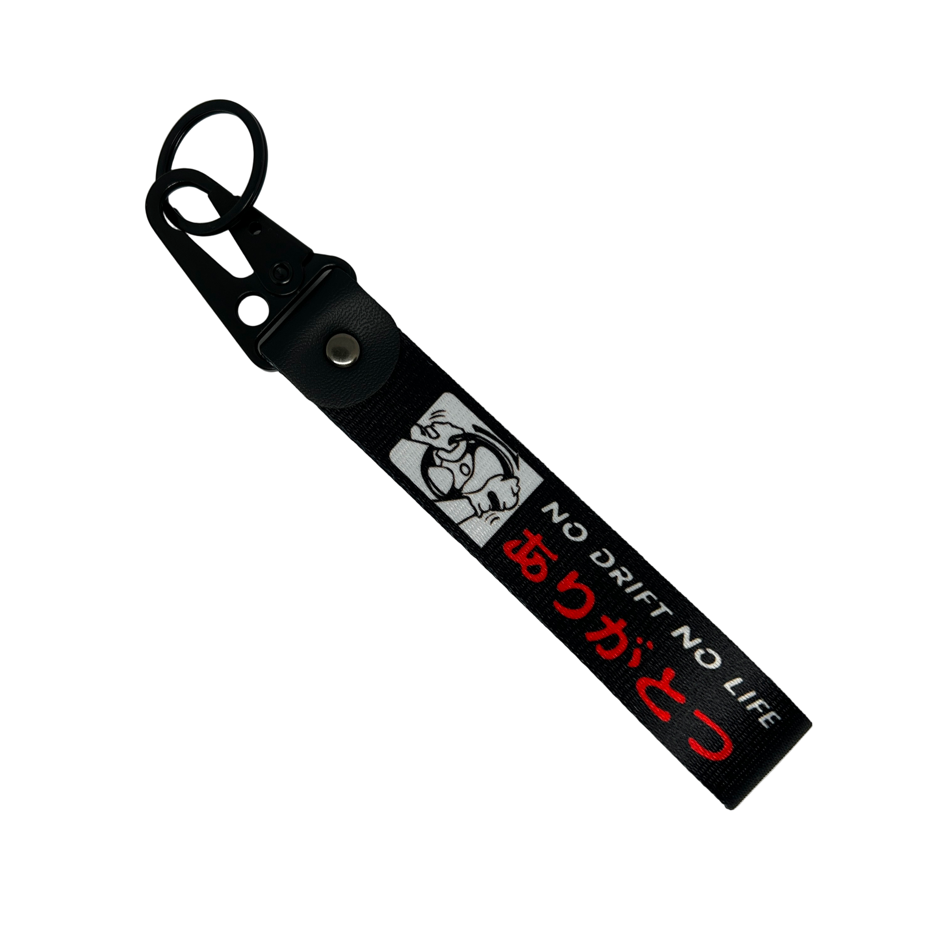 Black No Drift No Life key tag with English and Japanese text and drift graphic – Motorev JDM car keychain