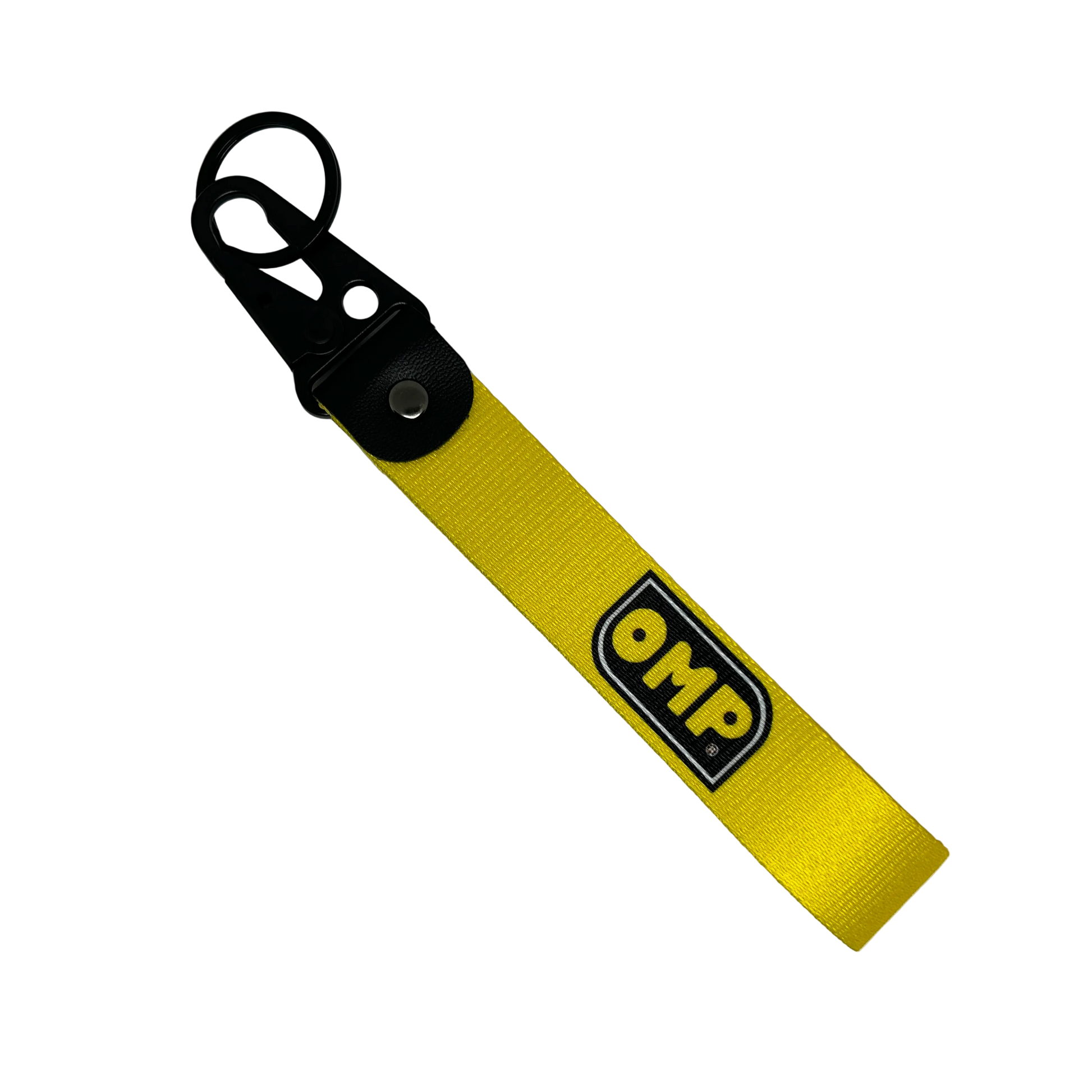 Yellow OMP key tag with racing branding – Motorev car keychain accessory