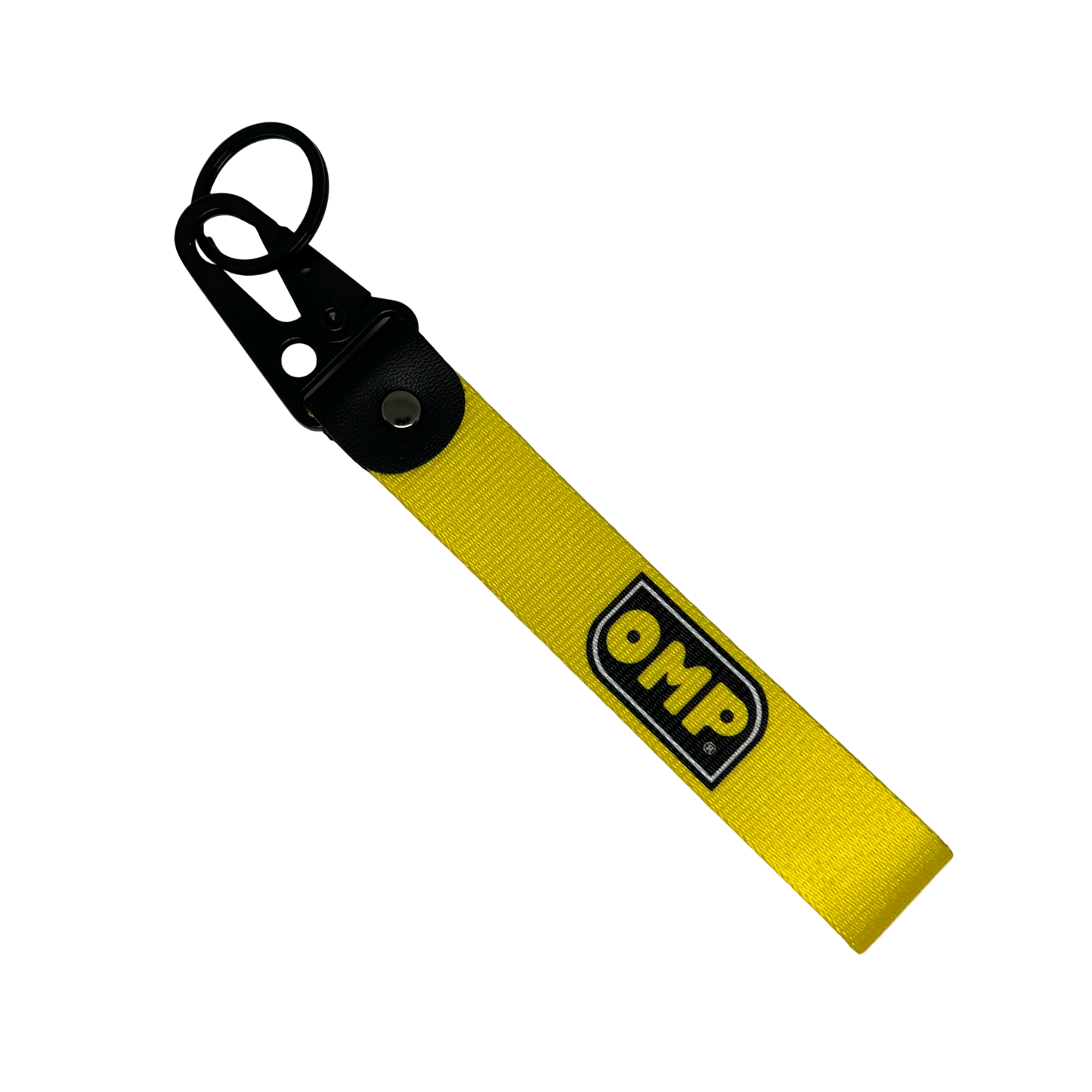Yellow OMP key tag with racing branding – Motorev car keychain accessory