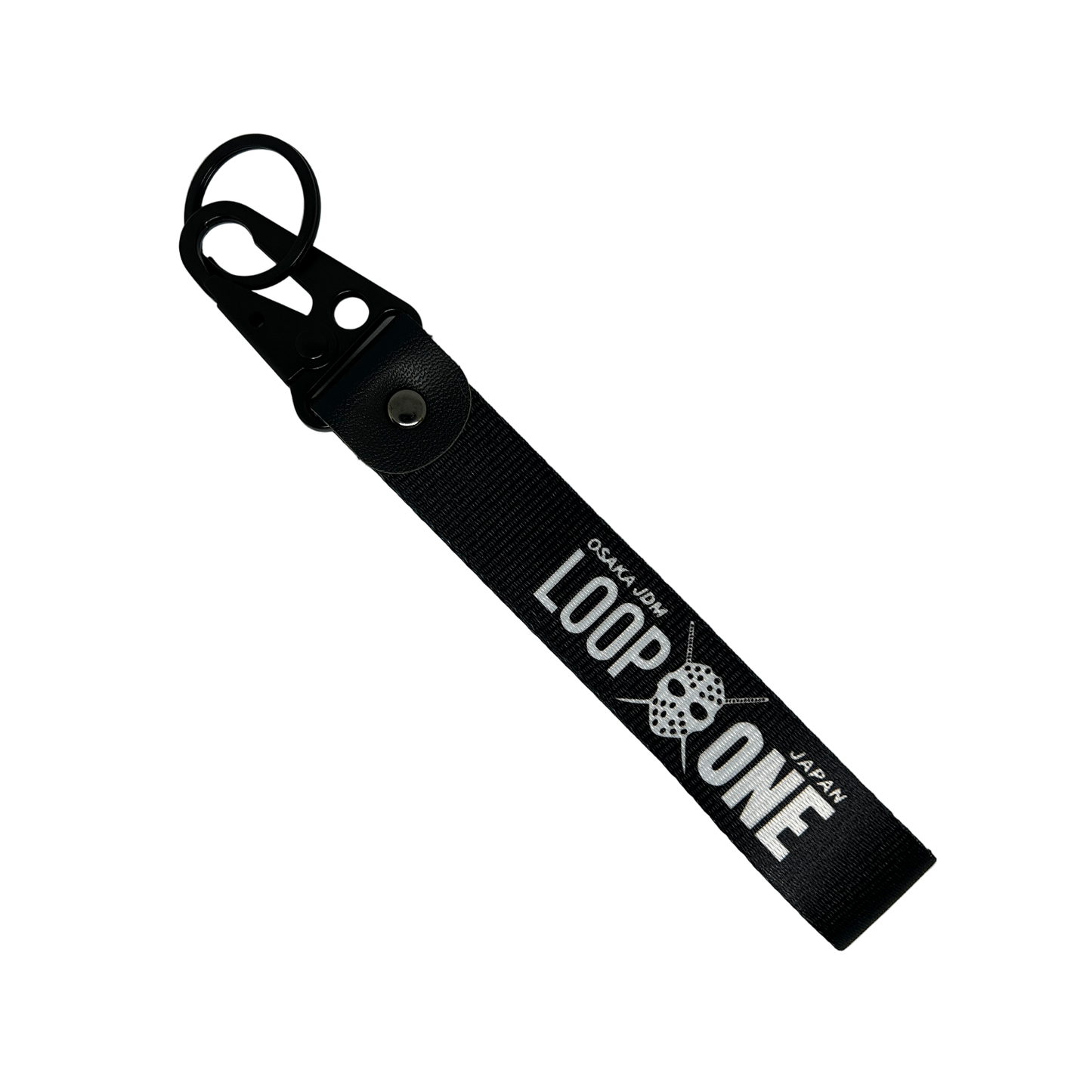 Black key tag featuring "Osaka JDM" and "Loop One" text – Motorev embroidered car keychain
