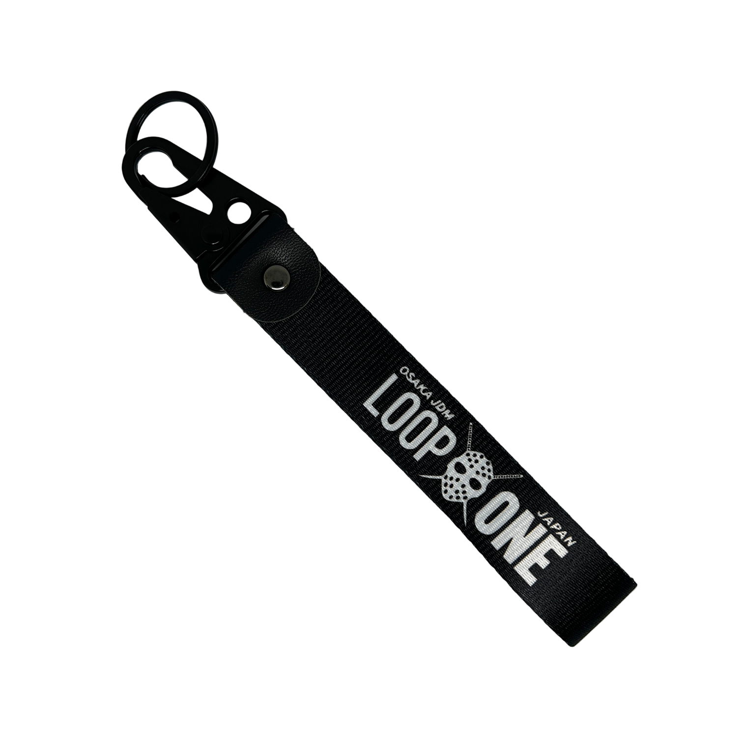 Black key tag featuring "Osaka JDM" and "Loop One" text – Motorev embroidered car keychain