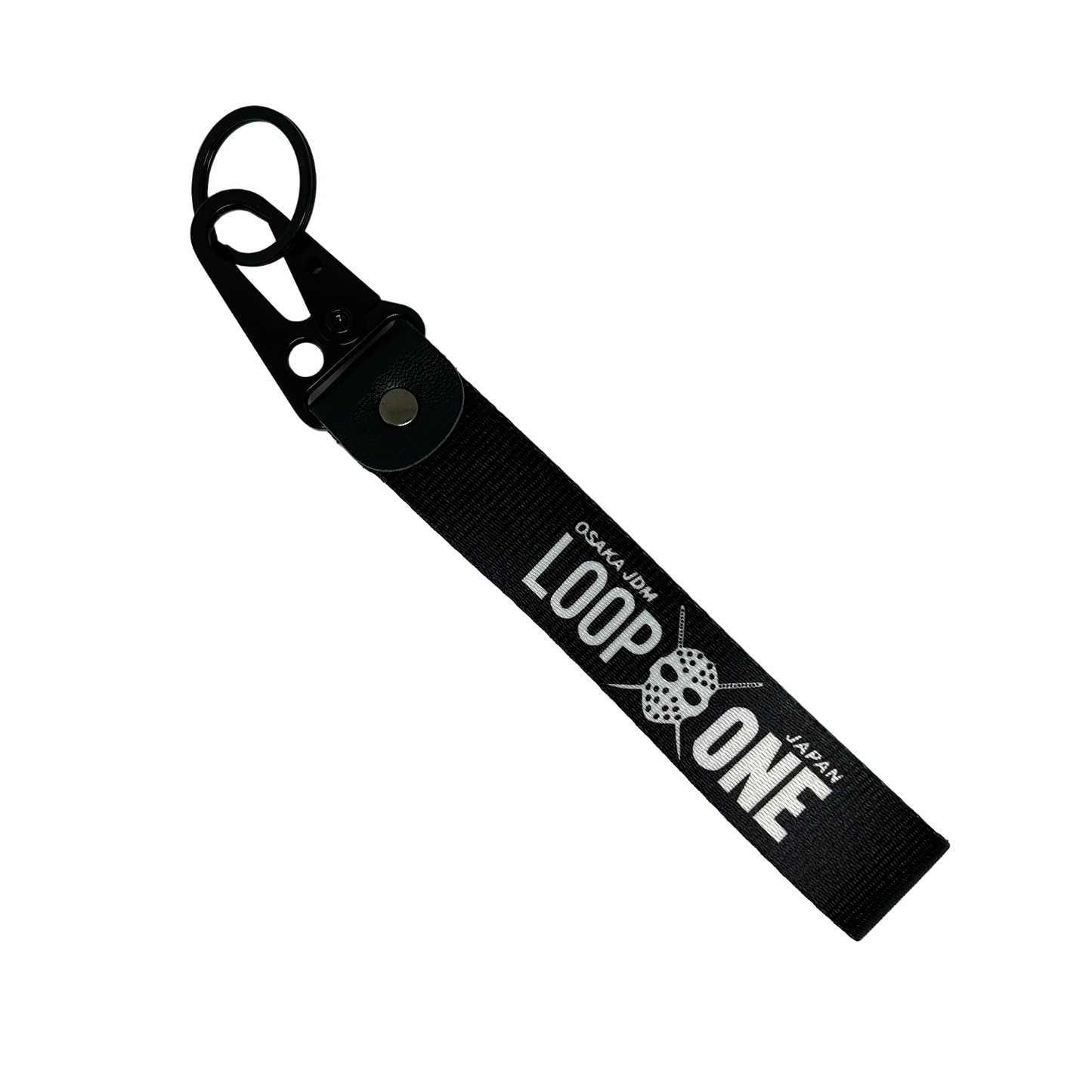 Black key tag featuring "Osaka JDM" and "Loop One" text – Motorev embroidered car keychain