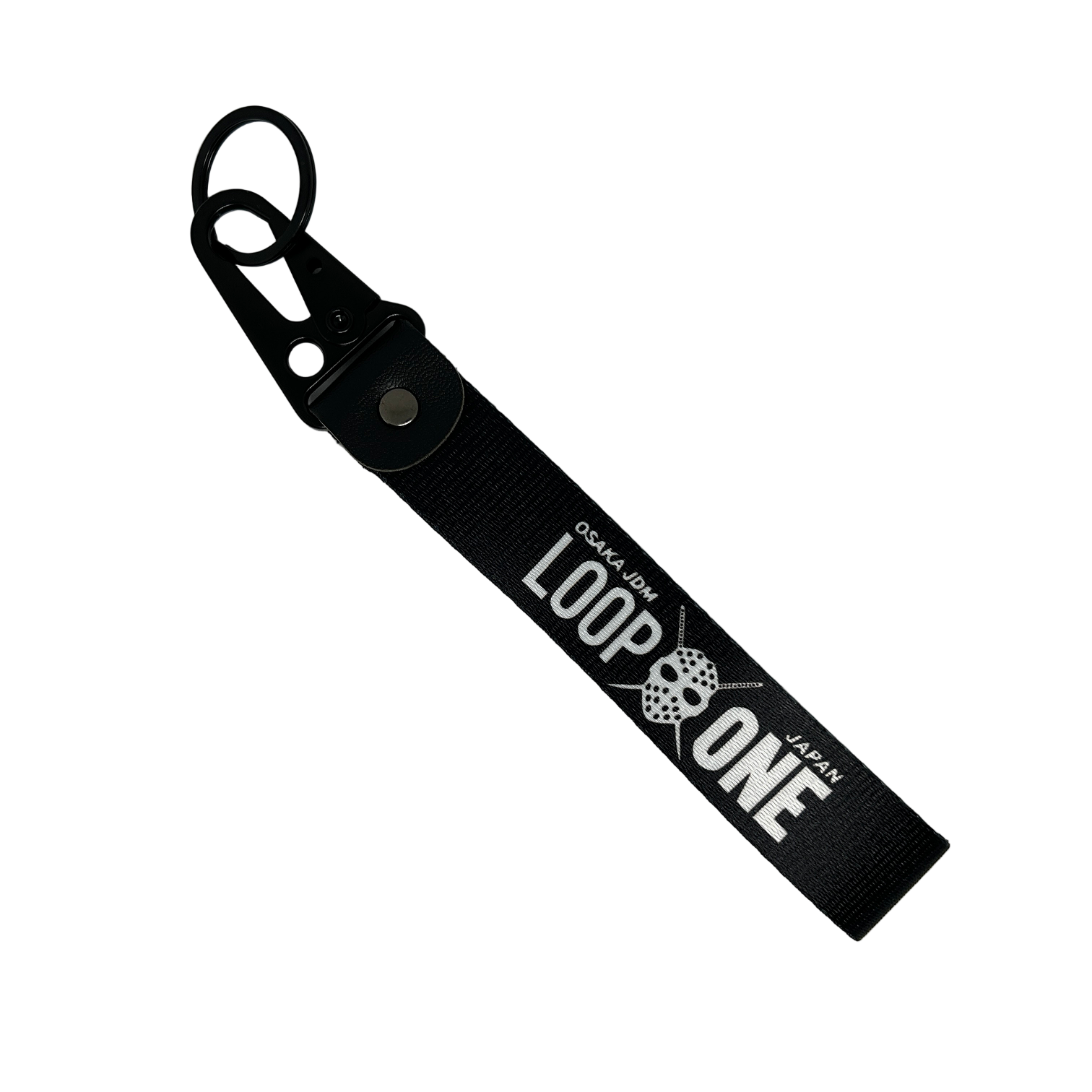Black key tag featuring "Osaka JDM" and "Loop One" text – Motorev embroidered car keychain