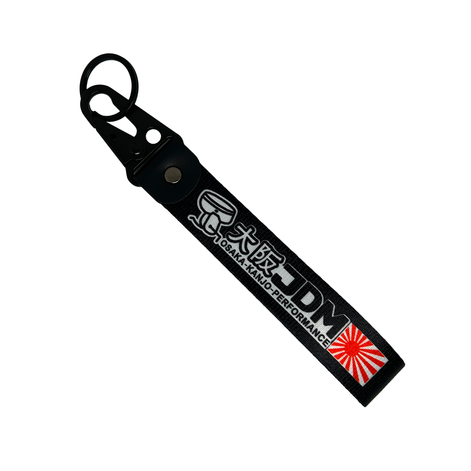 Black key tag with Japanese print, a sunrise logo and he test "JDM" – Motorev embroidered car keychain
