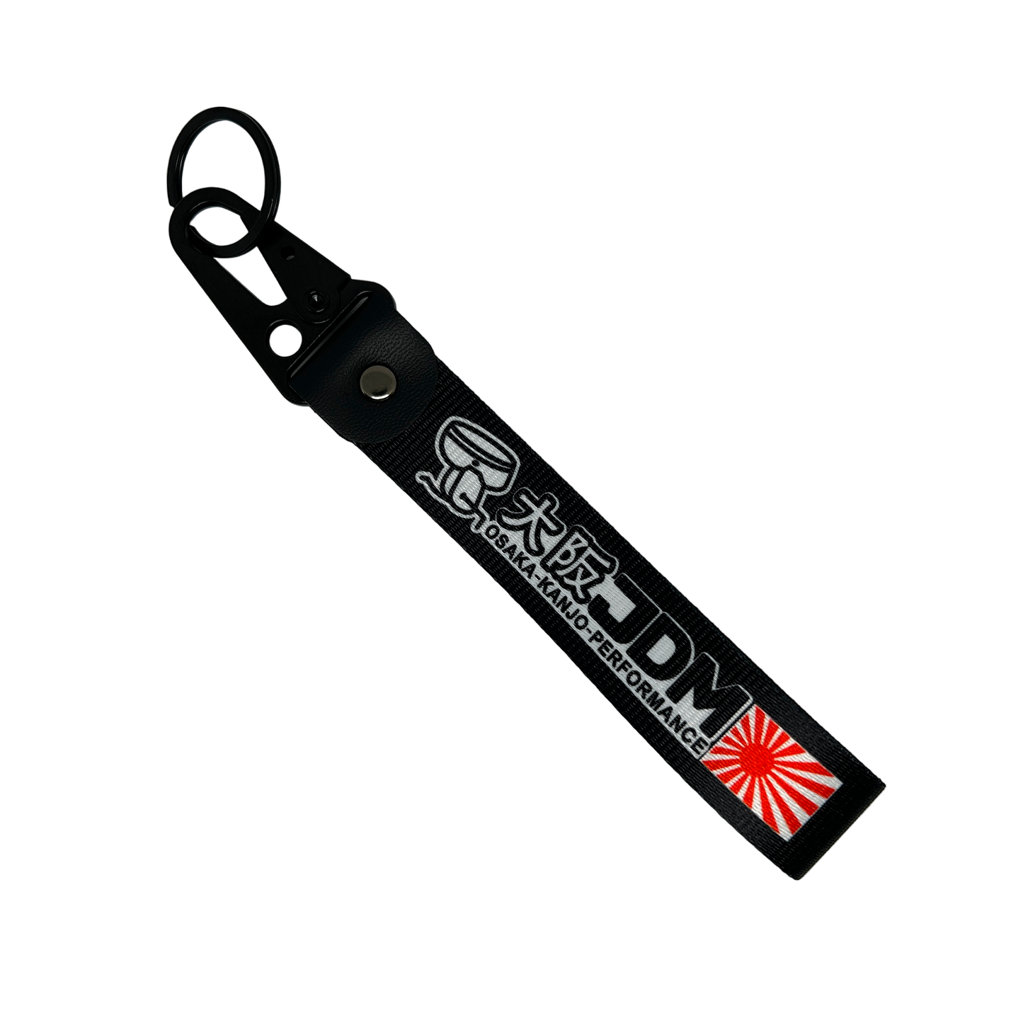 Black key tag with Japanese print, a sunrise logo and he test "JDM" – Motorev embroidered car keychain