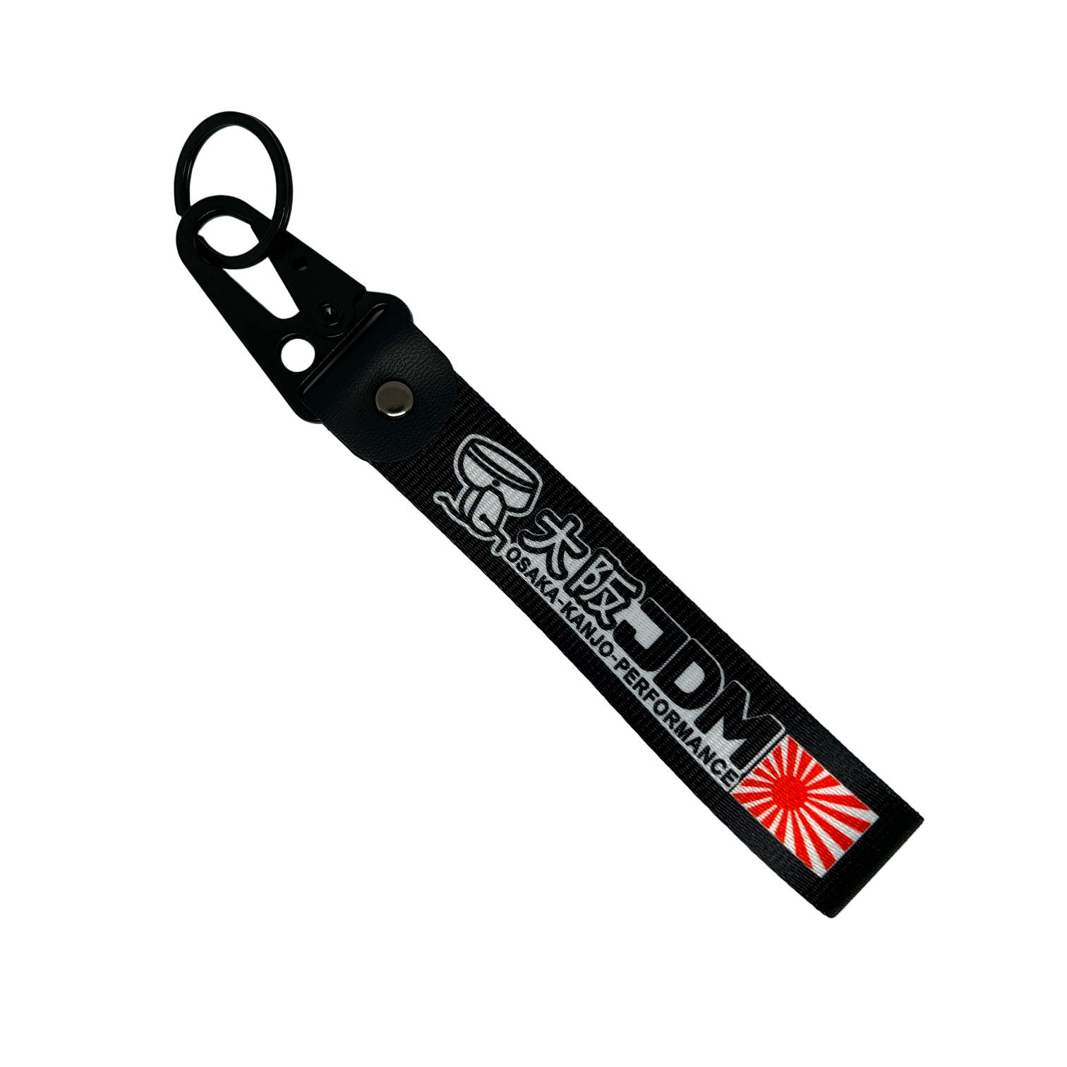 Black key tag with Japanese print, a sunrise logo and he test "JDM" – Motorev embroidered car keychain