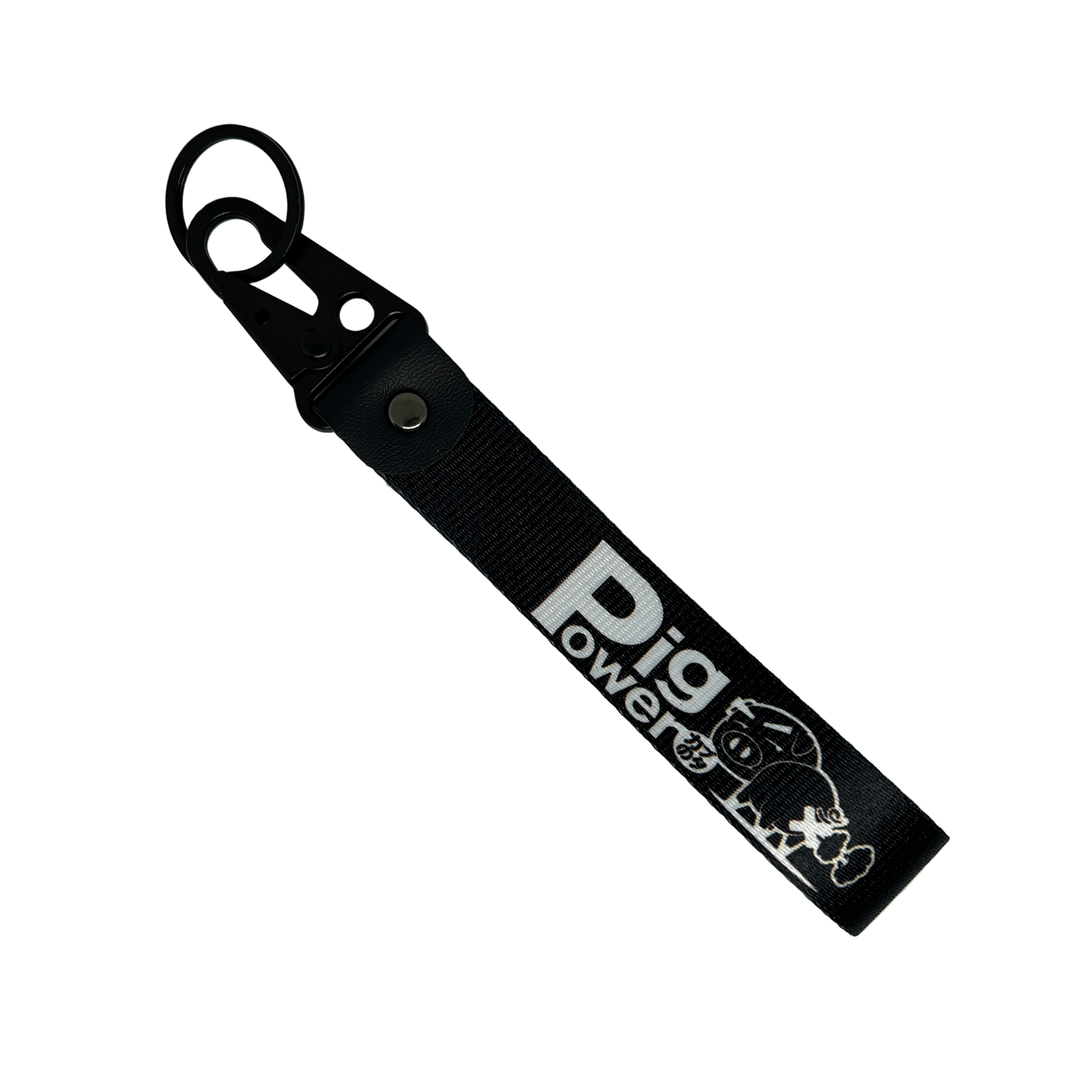 Back side of black JDM key tag with Pig Power branding – MotoRev automotive keychain accessory