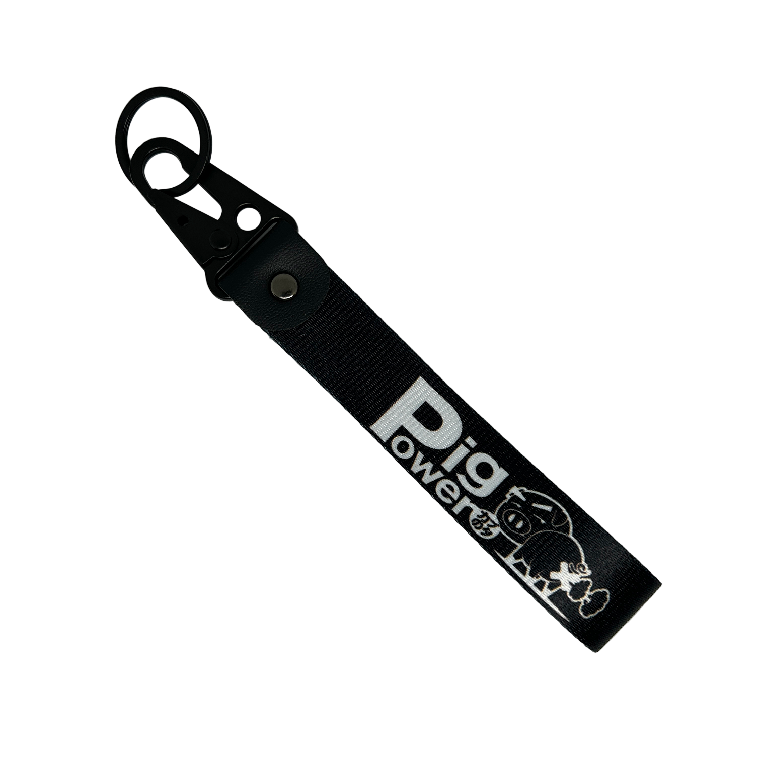 Back side of black JDM key tag with Pig Power branding – MotoRev automotive keychain accessory