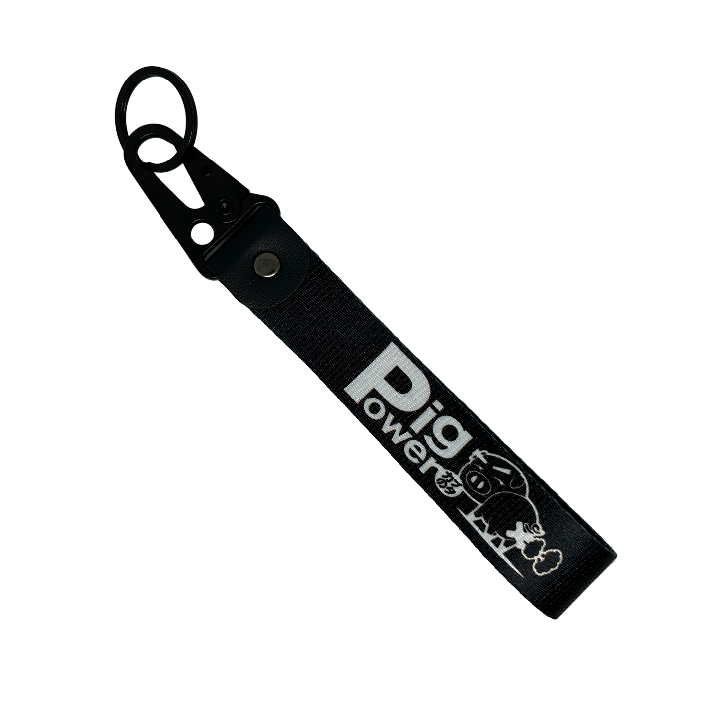 Front side of black JDM key tag with Pig Power branding – MotoRev automotive keychain accessory