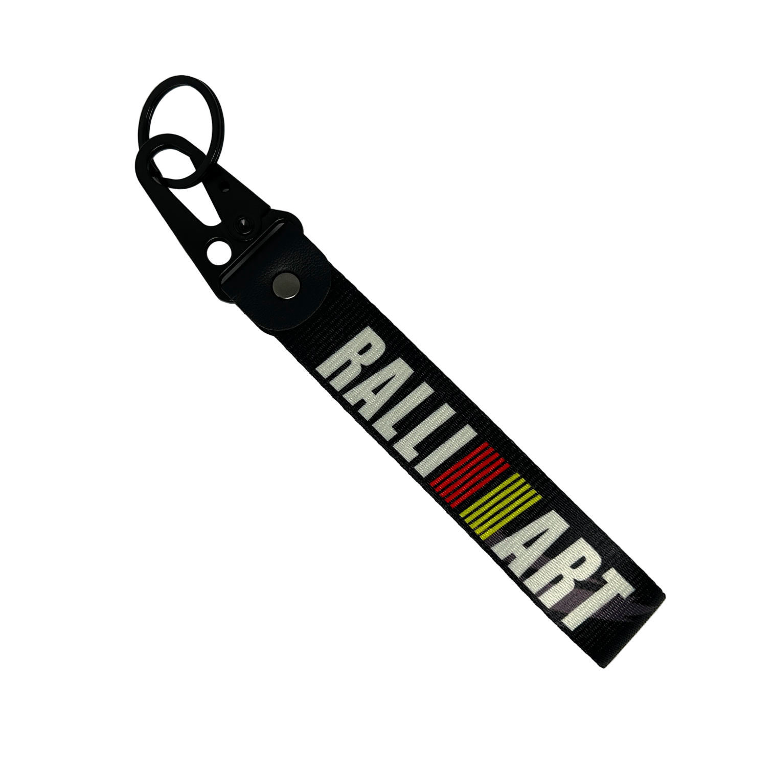 Black key tag with RALLIART branding – Motorev performance keychain for car enthusiasts