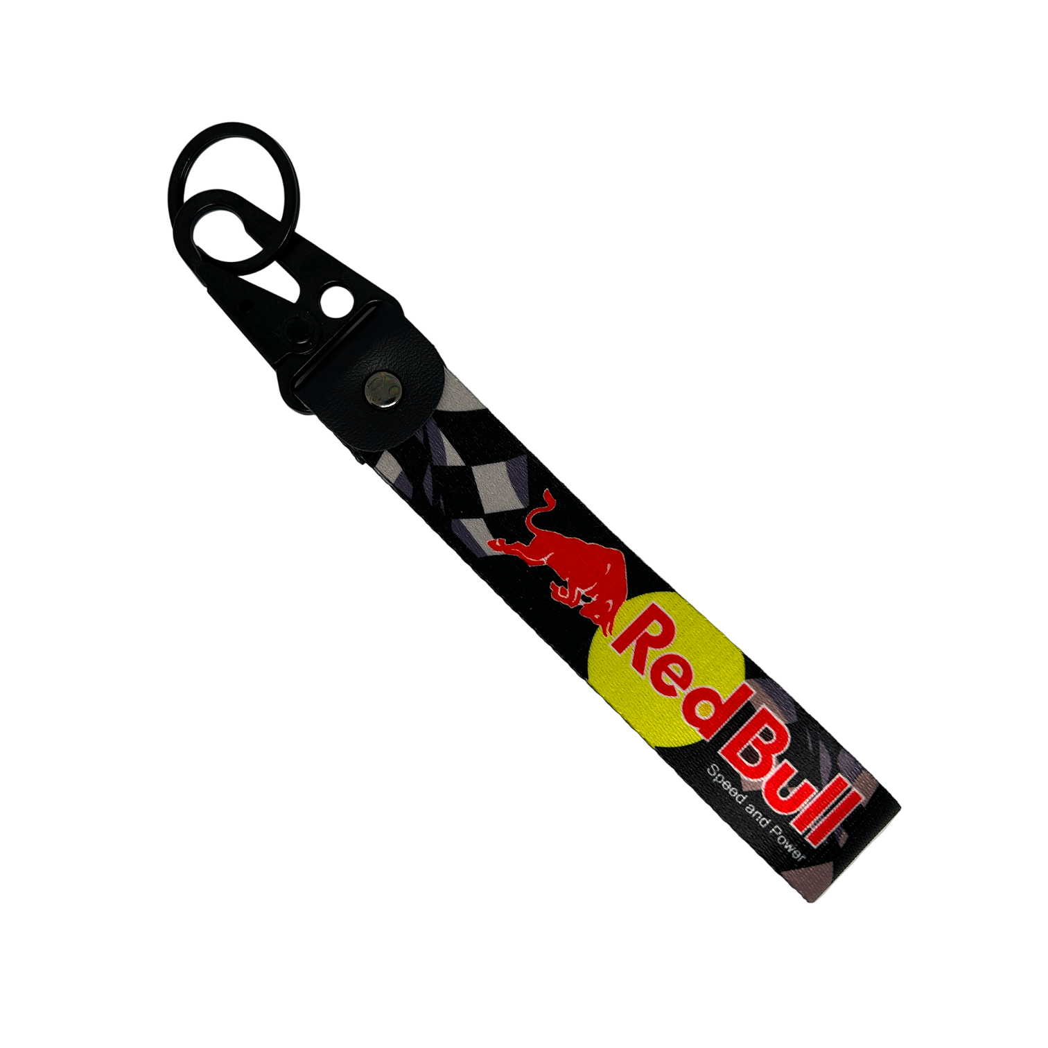 Black lanyard with Red Bull branding and a faint checkered flag design – Motorev performance keychain for car enthusiasts
