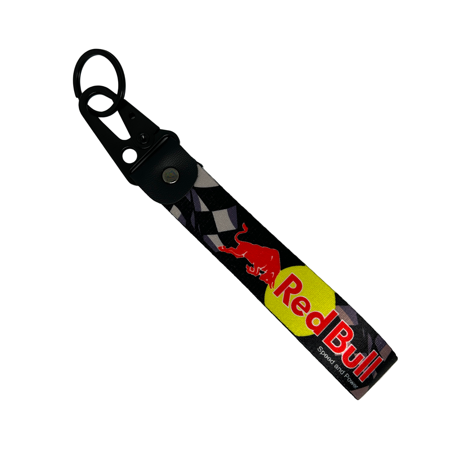 Black lanyard with Red Bull branding and a faint checkered flag design – Motorev performance keychain for car enthusiasts