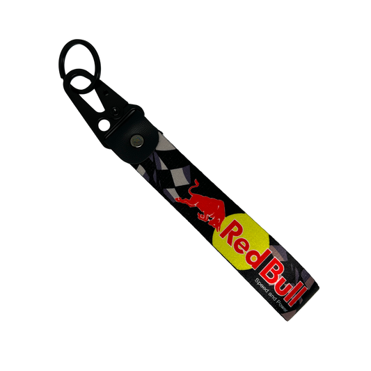 Black lanyard with Red Bull branding and a faint checkered flag design – Motorev performance keychain for car enthusiasts