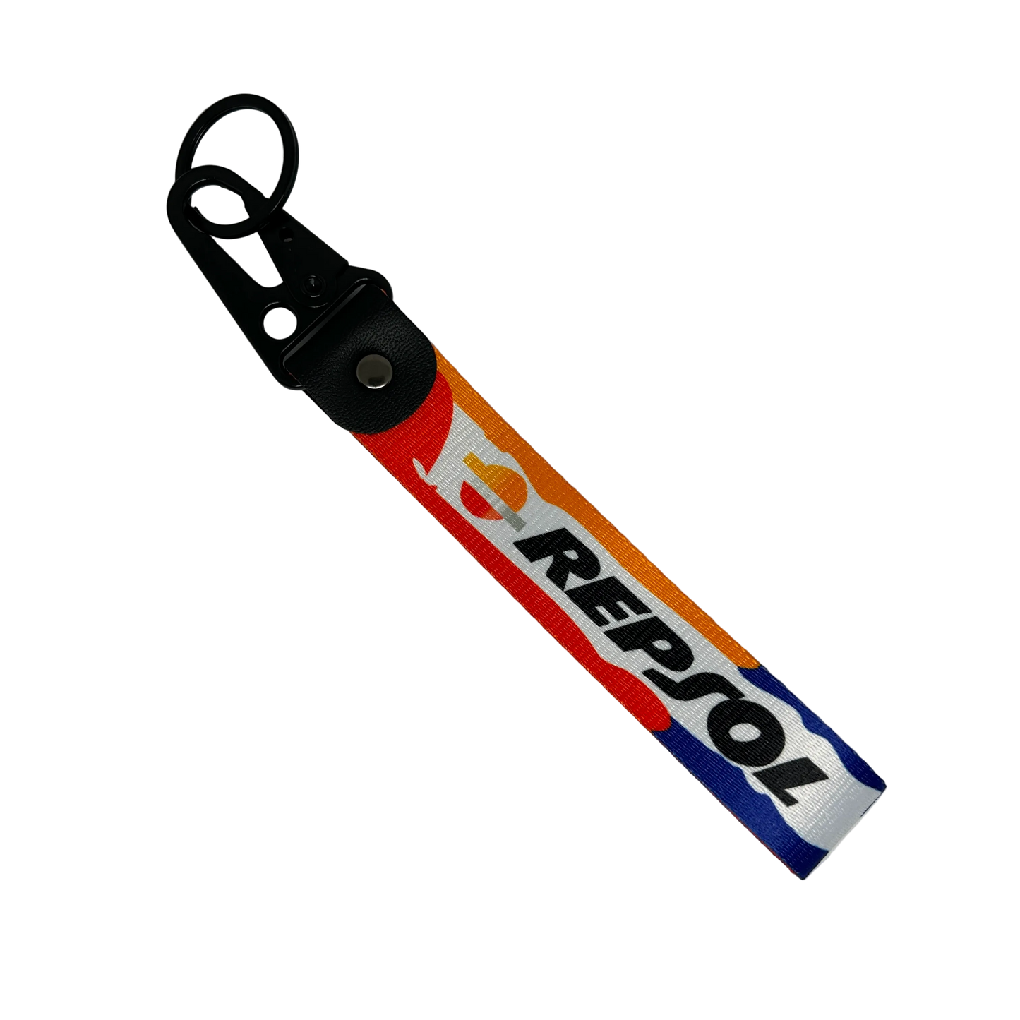 Motorev Repsol car key tag, a zinc alloy and nylon keyring featuring the iconic Repsol motorsport livery design, scratch resistant and built for motorsport and racing enthusiasts UK