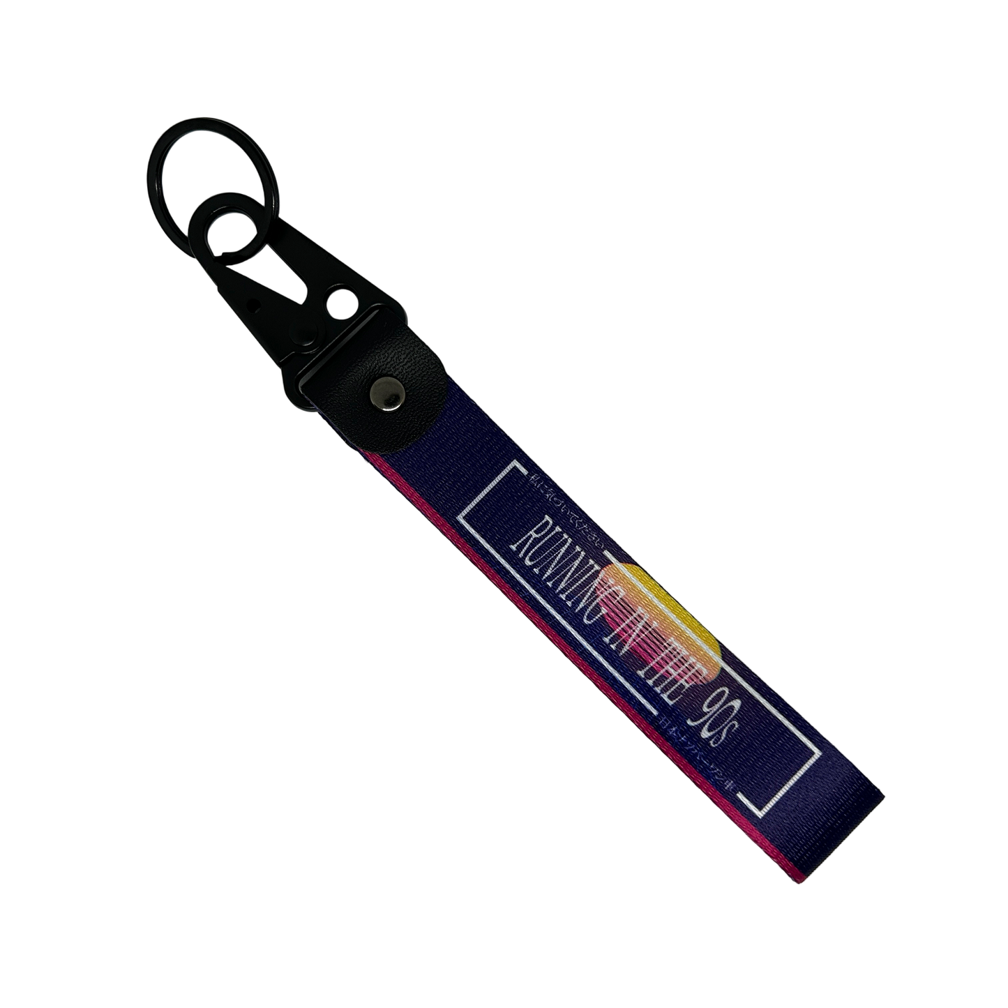 Purple key tag with a 90's sunset aesthetic and text that reads "Running In The 90's" – Motorev performance car keychain