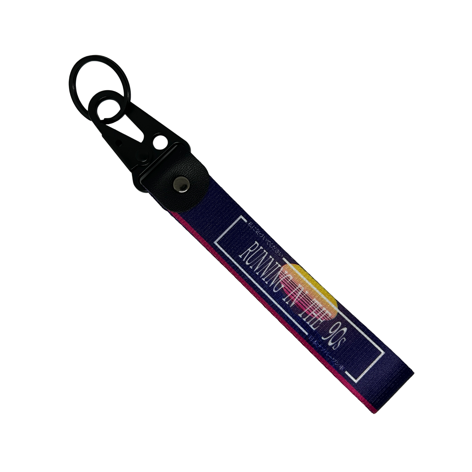 Purple key tag with a 90's sunset aesthetic and text that reads "Running In The 90's" – Motorev performance car keychain