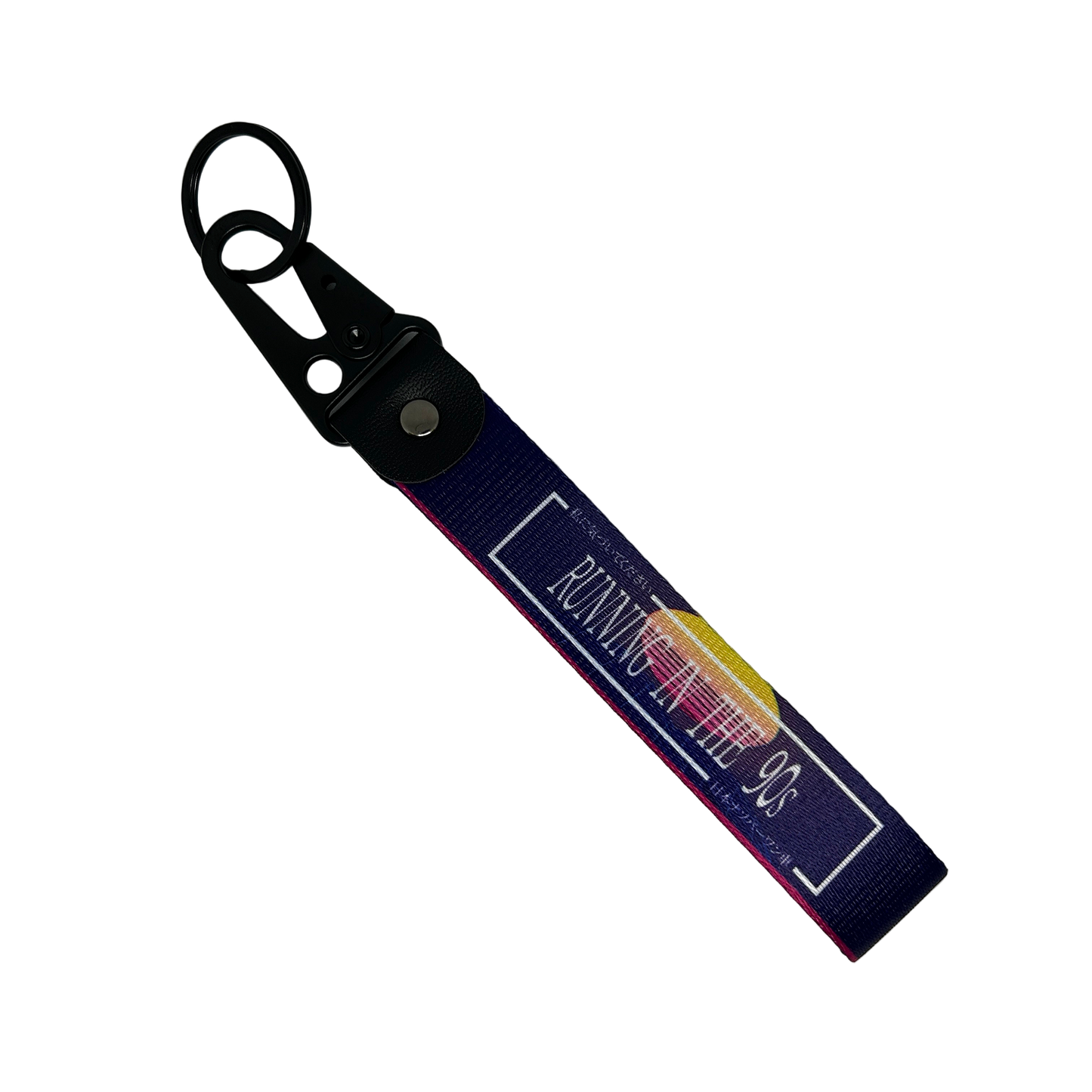 Purple key tag with a 90's sunset aesthetic and text that reads "Running In The 90's" – Motorev performance car keychain