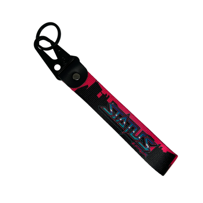 Motorev STATUS ERROR City Skyline car key tag, a zinc alloy and nylon keyring featuring a striking urban city skyline graphic design, scratch resistant and built for car culture and street style enthusiasts UK