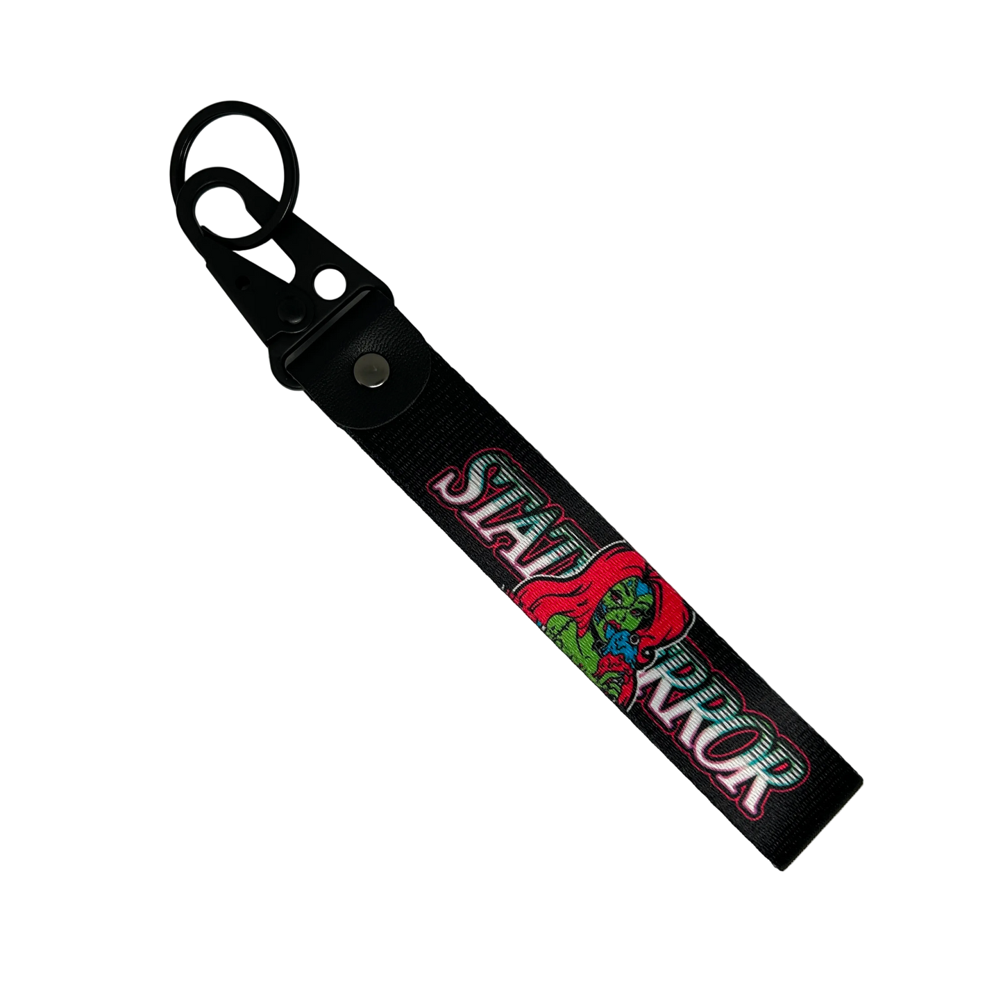 Motorev STATUS ERROR Zombie Girl car key tag, a zinc alloy and nylon keyring featuring a striking zombie girl graphic design, scratch resistant and built for car culture and alternative style enthusiasts UK