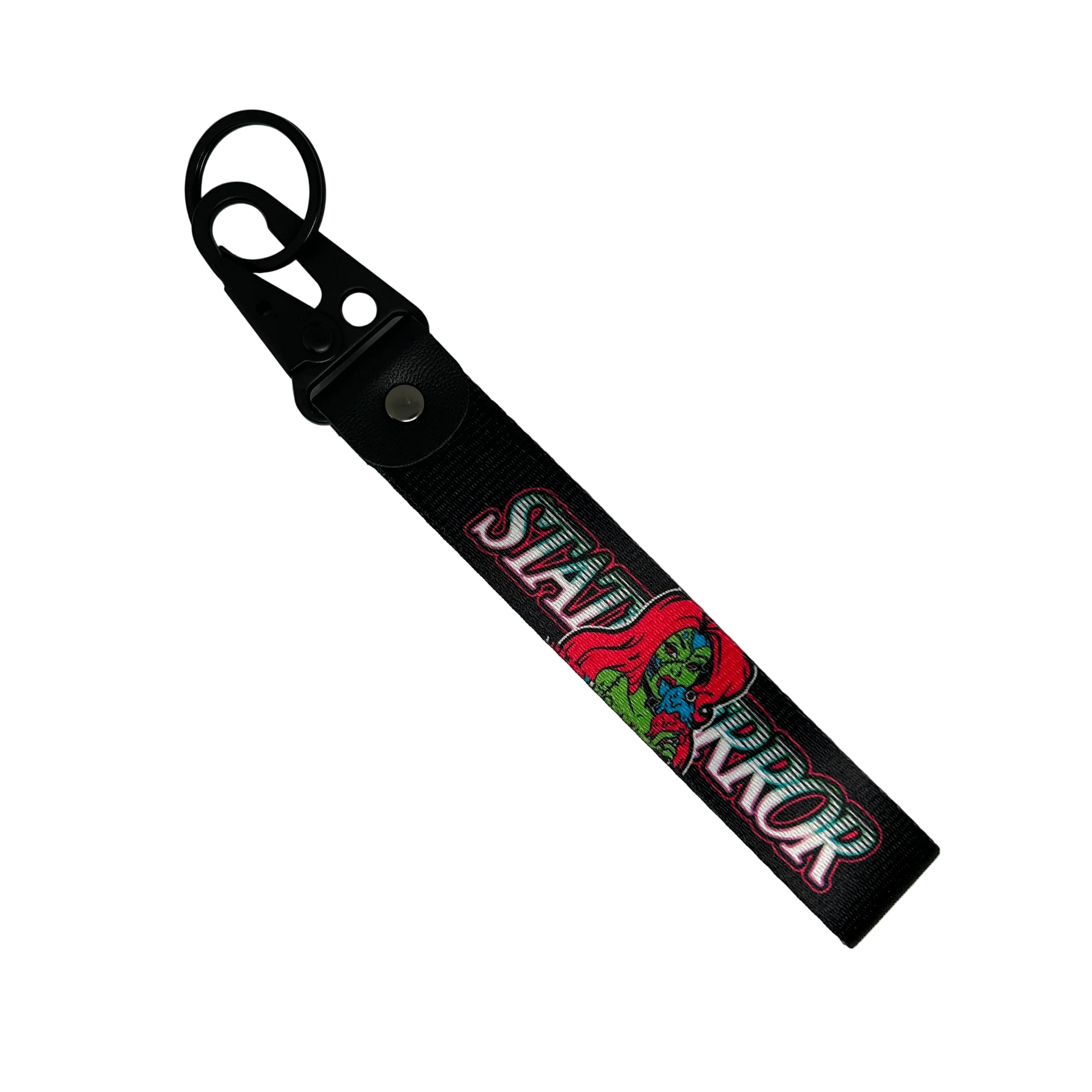 Motorev STATUS ERROR Zombie Girl car key tag, a zinc alloy and nylon keyring featuring a striking zombie girl graphic design, scratch resistant and built for car culture and alternative style enthusiasts UK