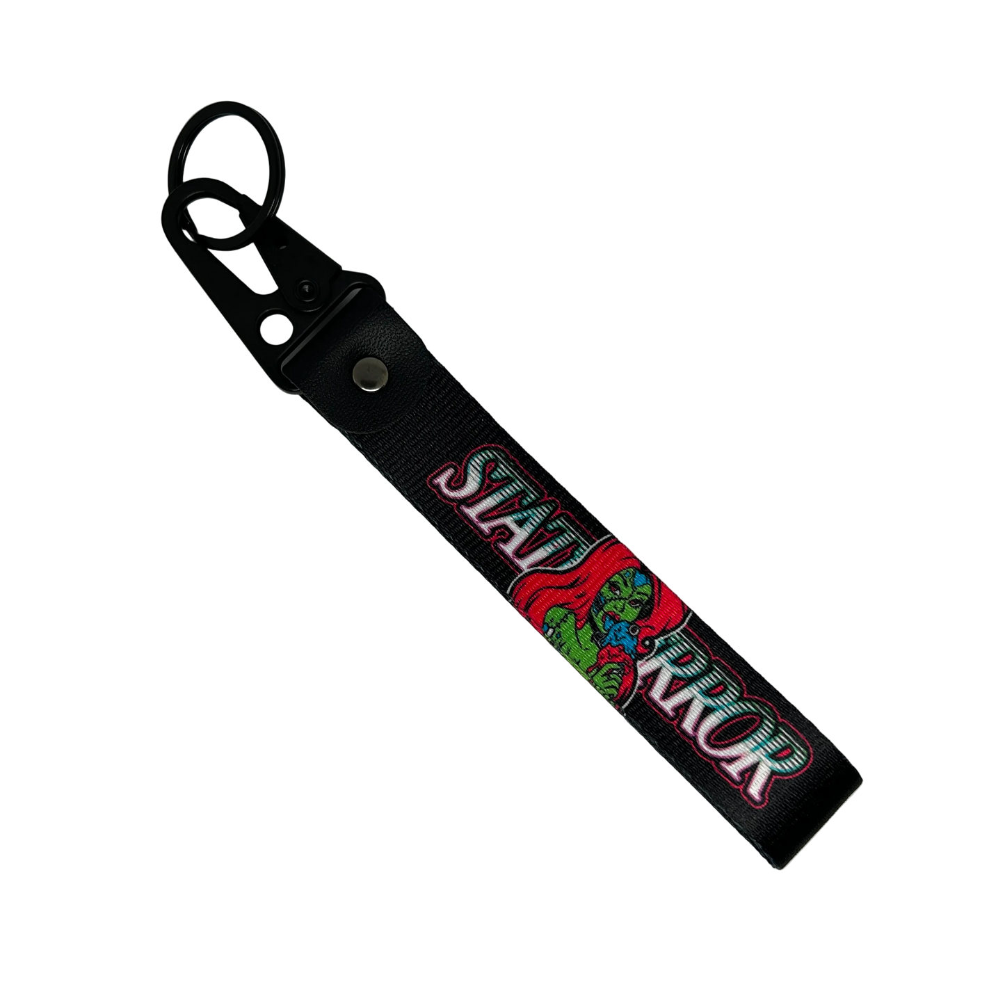 Motorev STATUS ERROR Zombie Girl car key tag, a zinc alloy and nylon keyring featuring a striking zombie girl graphic design, scratch resistant and built for car culture and alternative style enthusiasts UK