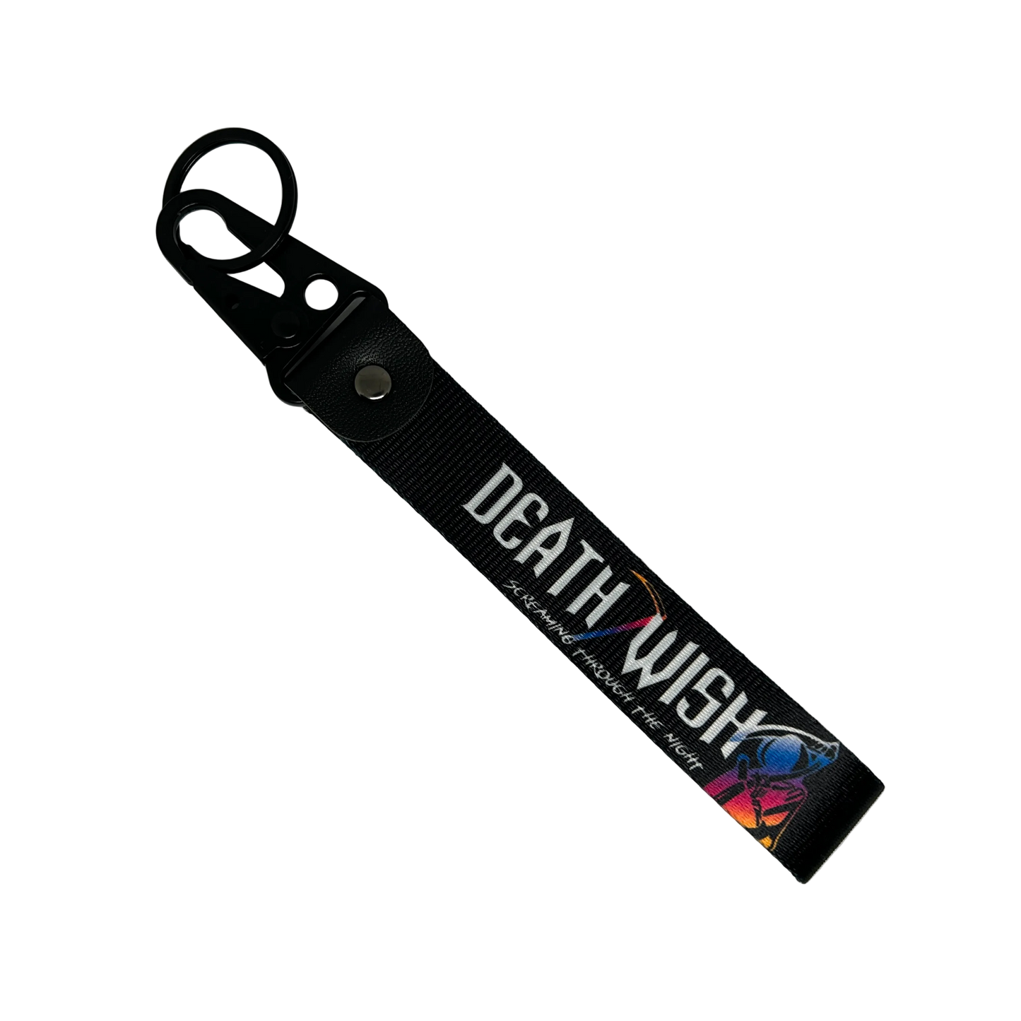 Motorev Screaming Through The Night car key tag, a zinc alloy and nylon keyring featuring a bold night driving-inspired design, scratch resistant and built for car culture and motorsport enthusiasts UK