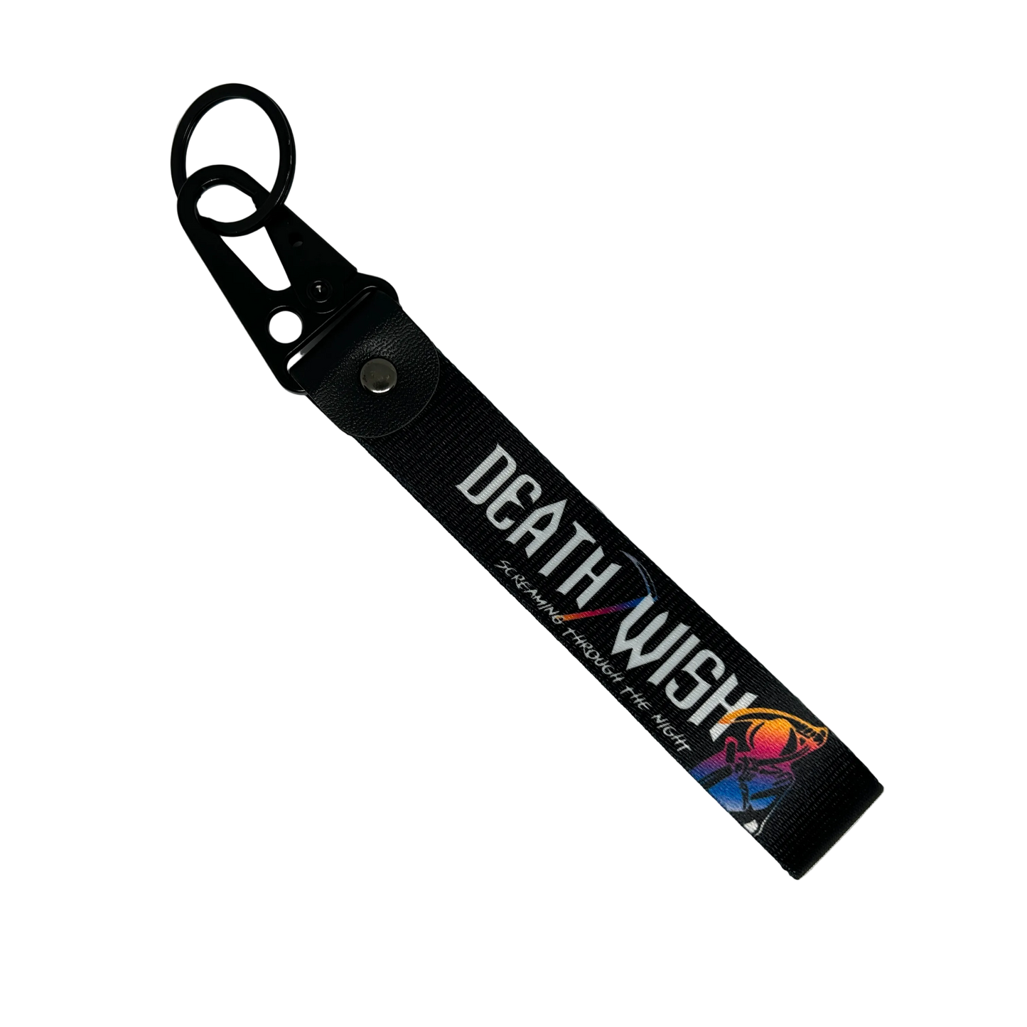 Motorev Screaming Through The Night car key tag, a zinc alloy and nylon keyring featuring a bold night driving-inspired design, scratch resistant and built for car culture and motorsport enthusiasts UK
