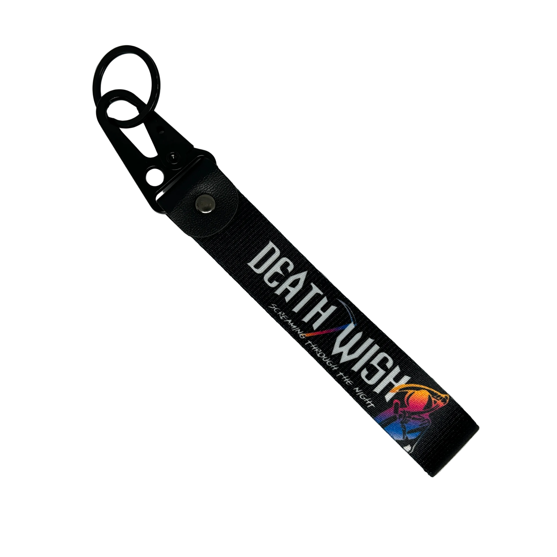 Motorev Screaming Through The Night car key tag, a zinc alloy and nylon keyring featuring a bold night driving-inspired design, scratch resistant and built for car culture and motorsport enthusiasts UK