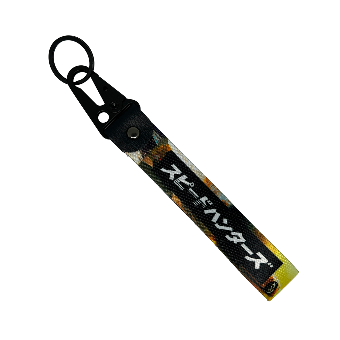 Key tag with a background image of a car scene and Japanese text reading "Speedhunters" – Motorev performance car keychain