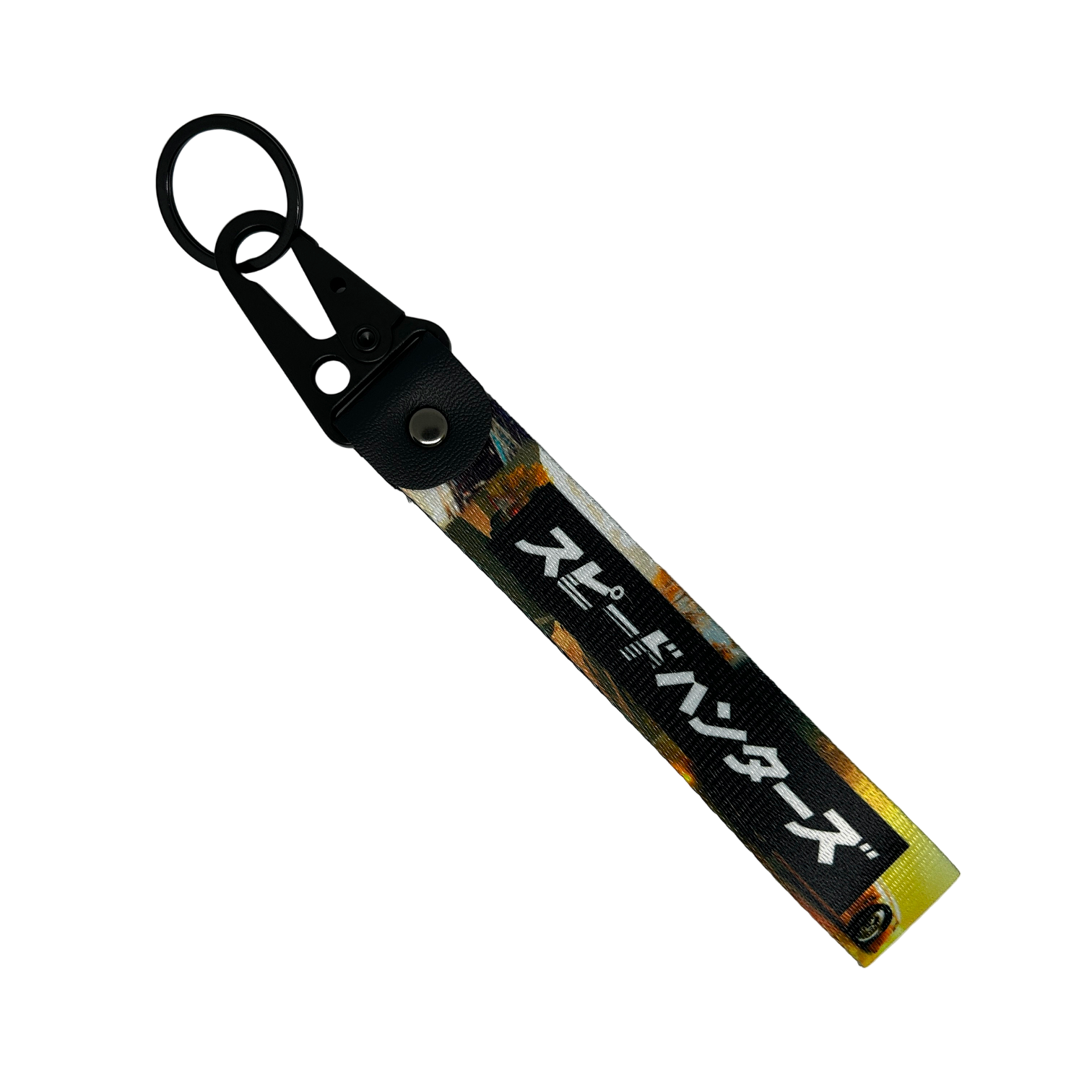 Key tag with a background image of a car scene and Japanese text reading "Speedhunters" – Motorev performance car keychain