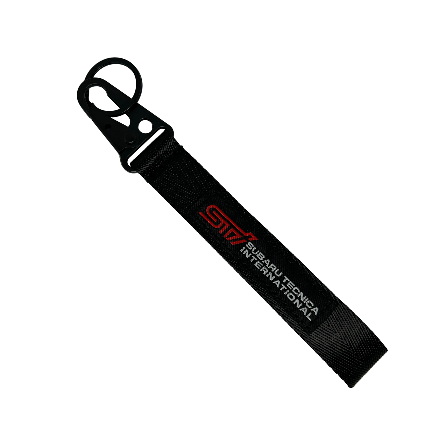 Motorev Subaru STI embroidered car key tag, a wrist strap keyring featuring the iconic STI logo stitched in detail, built for Subaru and JDM enthusiasts UK