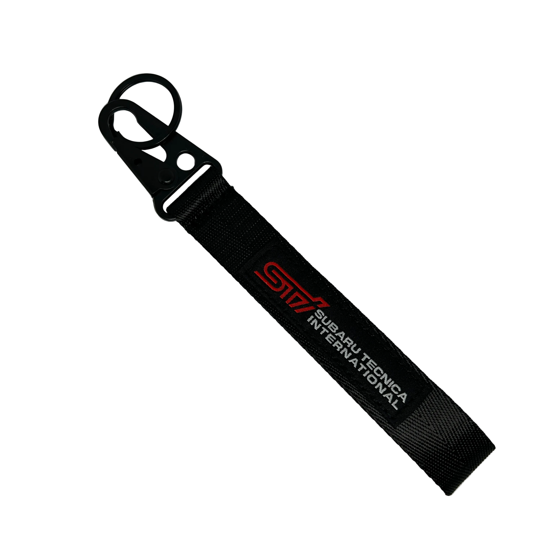 Motorev Subaru STI embroidered car key tag, a wrist strap keyring featuring the iconic STI logo stitched in detail, built for Subaru and JDM enthusiasts UK