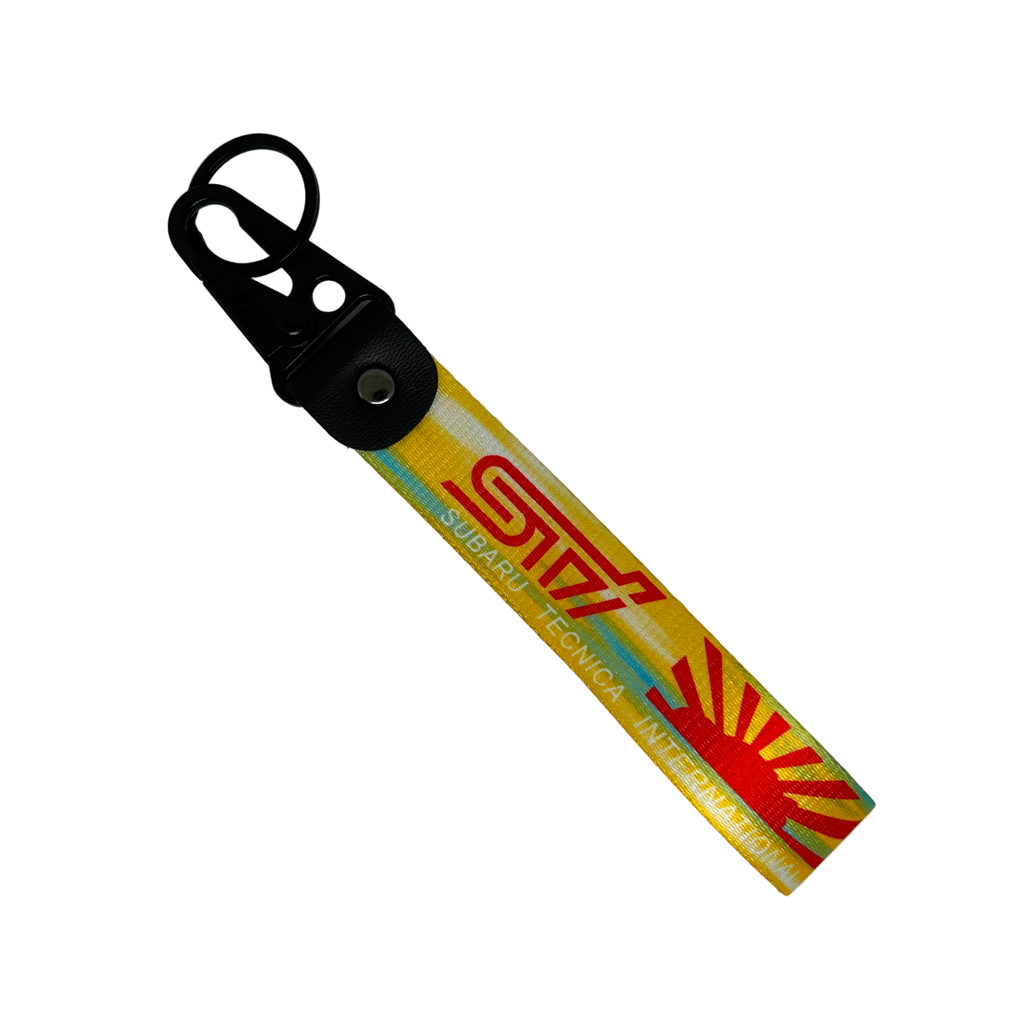 Yellow key tag with the Subaru WRX STI logo and Japanese rising sun – Motorev automotive keychain