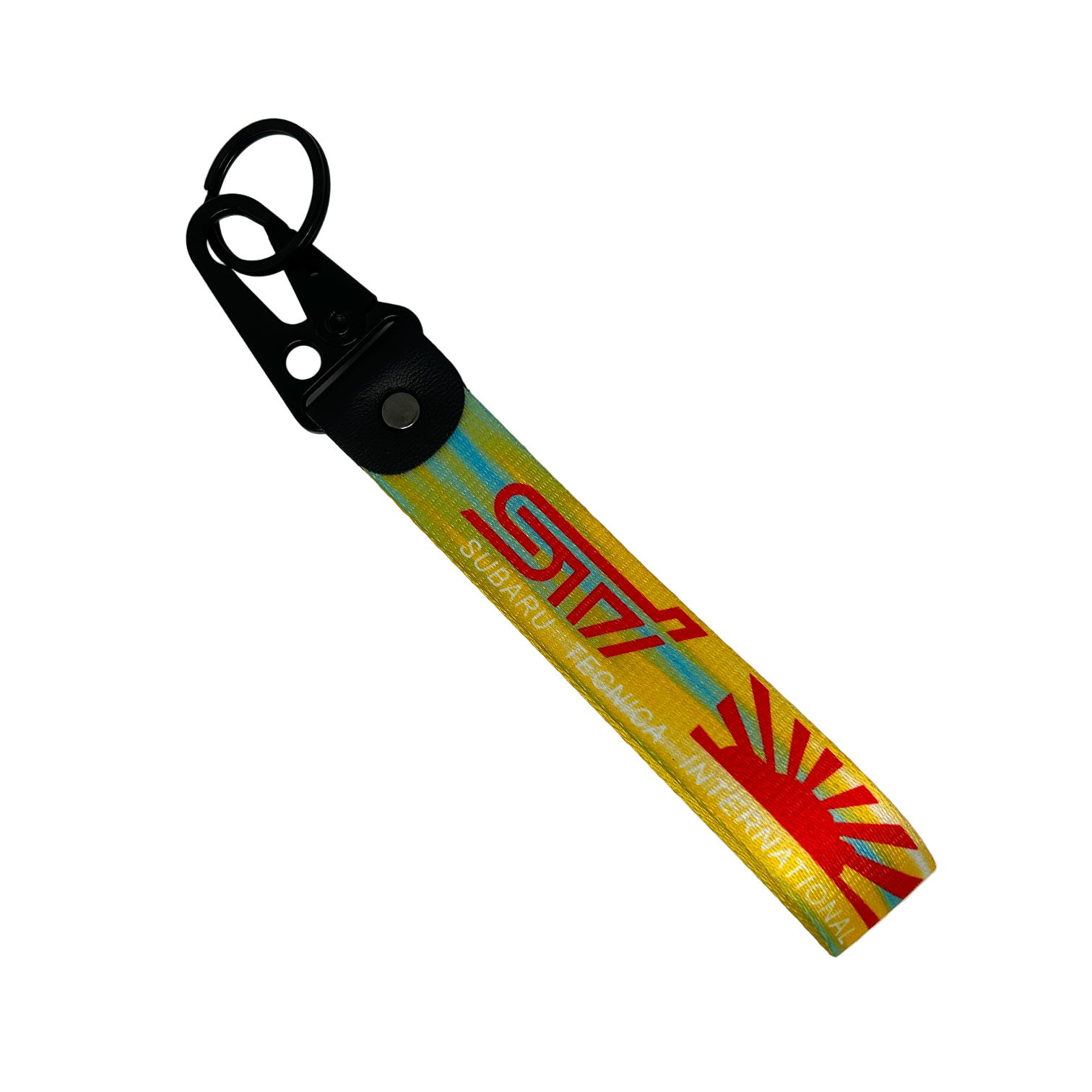 Yellow key tag with the Subaru WRX STI logo and Japanese rising sun – Motorev automotive keychain