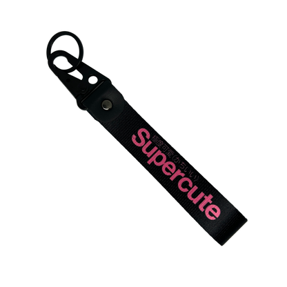 Black Supercute key tag with pink text – Motorev girly JDM car keychain accessory