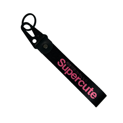 Black Supercute key tag with pink text – Motorev girly JDM car keychain accessory