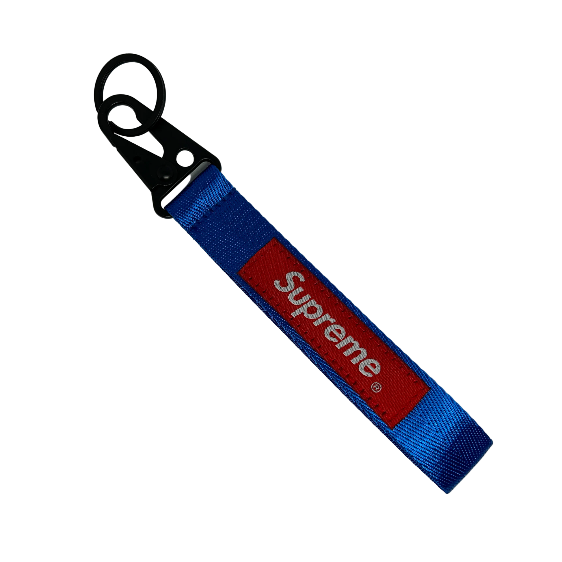 Blue Supreme style key tag with bold logo text – Motorev JDM car keychain accessory