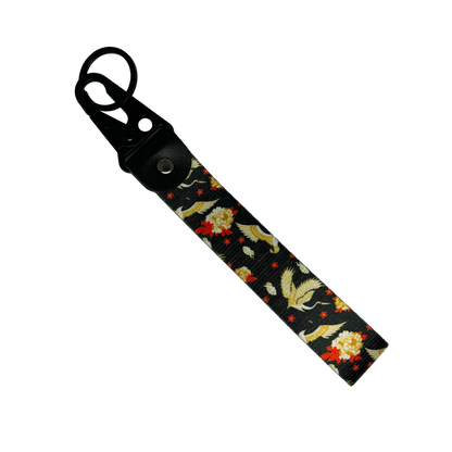 Motorev Ukiyo-e Crane car key tag, a zinc alloy and nylon JDM keyring featuring a traditional Japanese woodblock print crane artwork, scratch resistant and built for JDM and Japanese culture enthusiasts UK